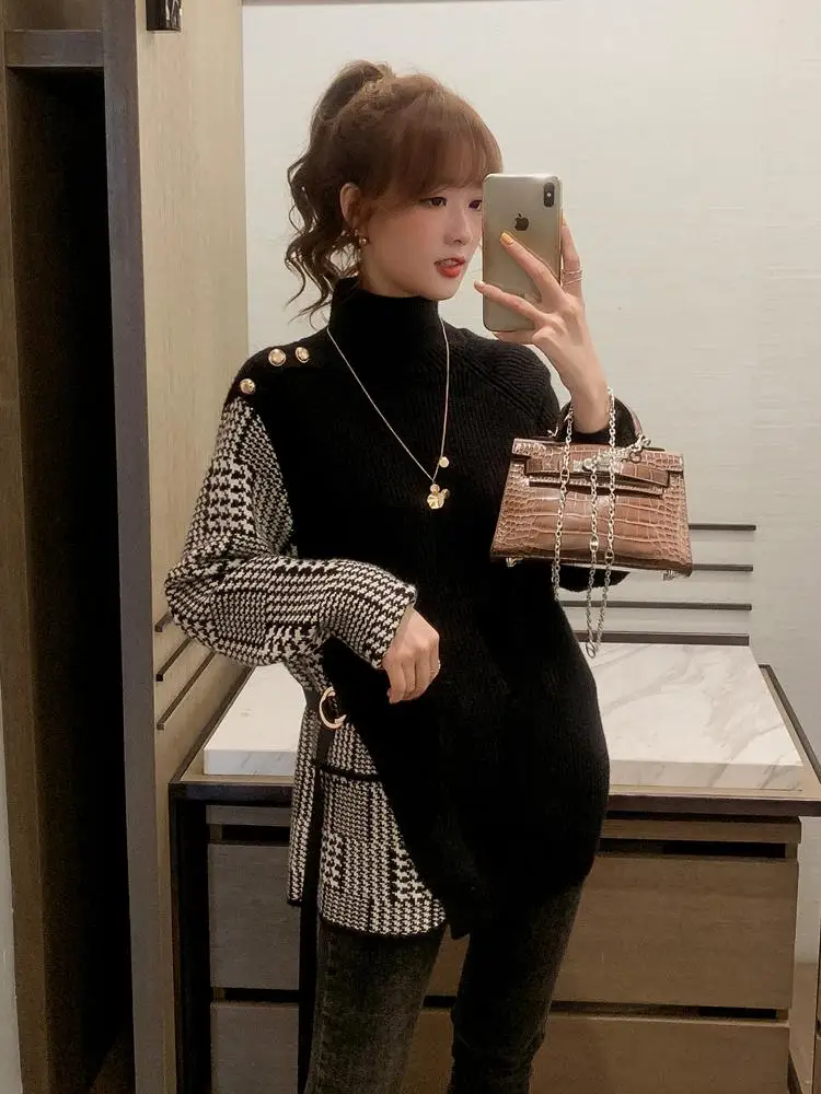 

Full Sleeve Half-turtleneck Buttons Korean Fashion Office Tops Sweaters 2020 Women Houndstooth Patchwork Pullover Sweater Women