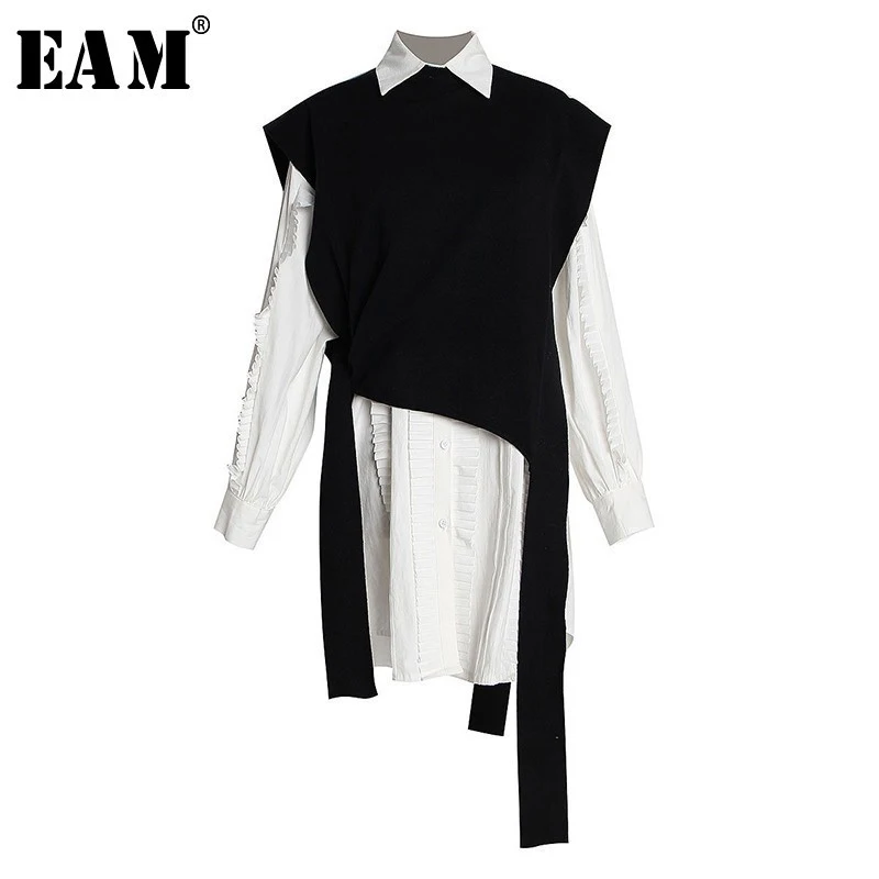 [EAM] Женская белая плиссированная Асимметричная блузка большого размера новая