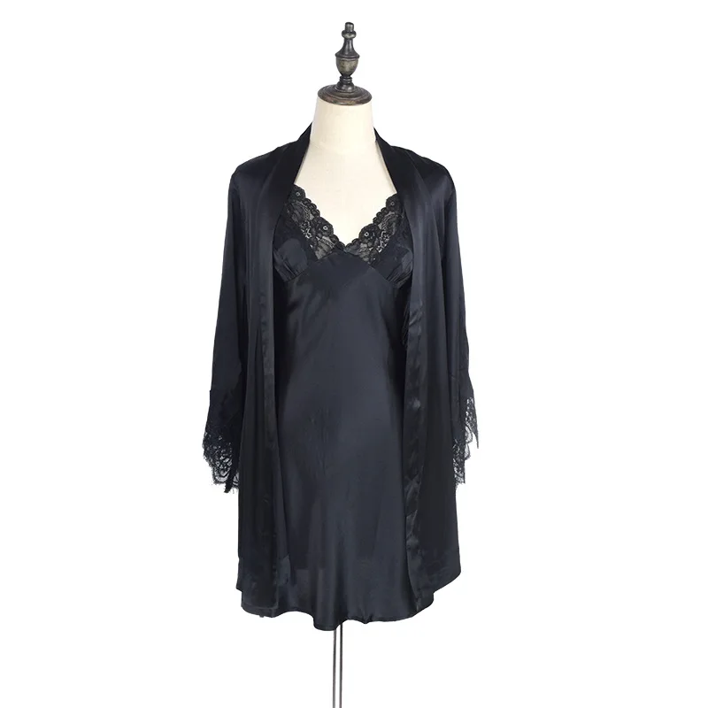 

New Mulberry Silk Silk Nightgown Women's Lace Slip Nightdress Two-Piece Solid Color Sexy Pajamas Home Wear Morning Gowns