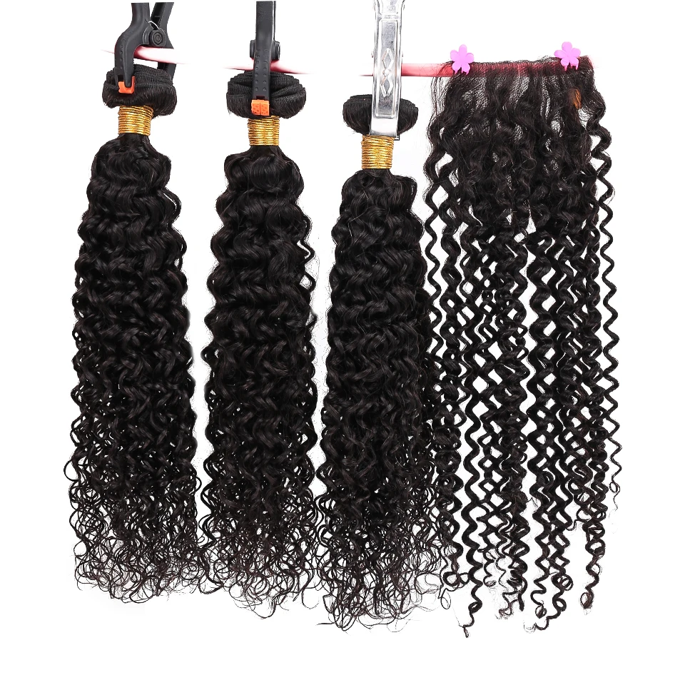 Salonchat бразильские кудрявые пряди с закрытием натурального цвета Remy пряди волос с закрытием 3 штуки и 4*4 закрытие шнурка - Цвет: Естественный цвет