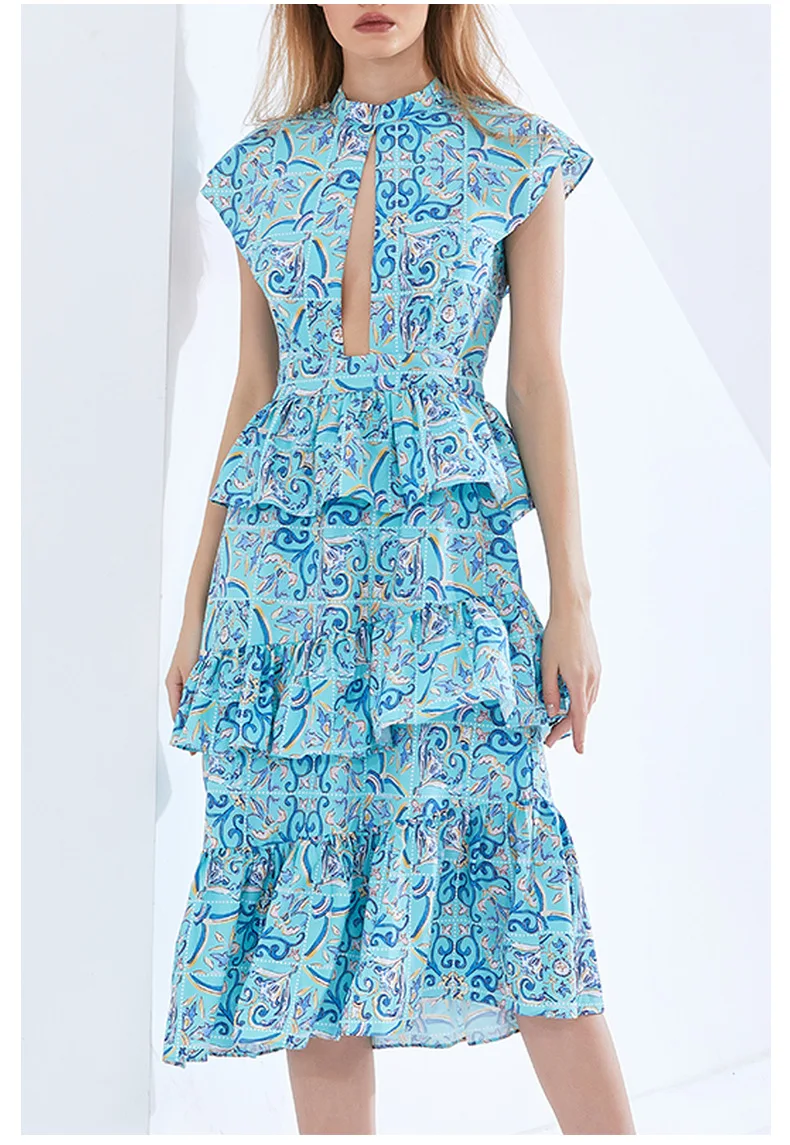 

Chic Ruffles Patchwork Hollow Out Design Dress 2021 Summer New Fashion Elegant Vestidos Office Lady Stand Collar Women Dresses