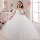 Белое платье с цветочным принтом для девочек, кружевное Пышное Тюлевое платье принцессы для дня рождения с длинными рукавами и аппликацией для первого Дня Святого Причастия