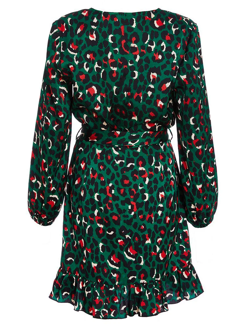 Vintage 2019 Leopard Print Party Dresses V Neck Polka Dot Dress Women Long Sleeve Club Mini Female Vestidos | Женская одежда