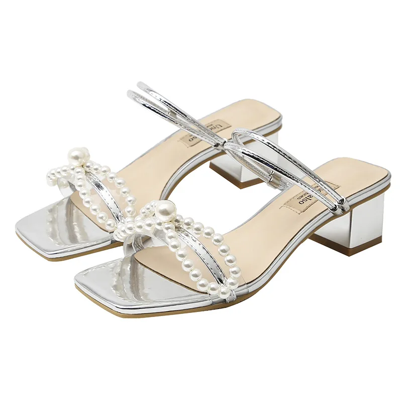 

The New One-word Fairy Wind Thick Heel Sandals Women's Bow Pearl Two Wear High-heeled Female Slippers