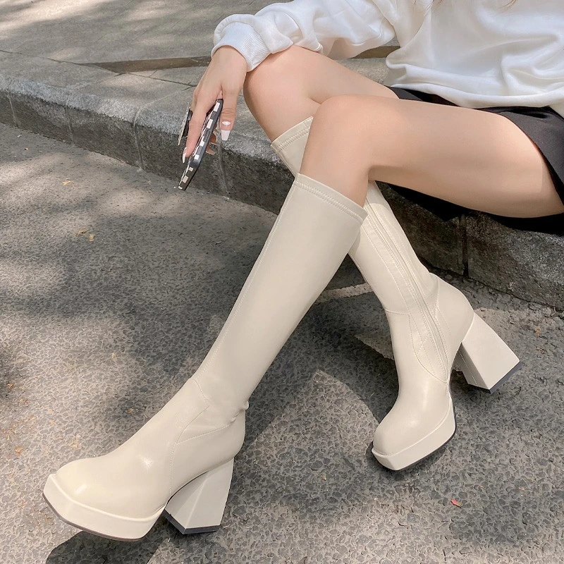 

Women Pu Leather Knee High Boots Women Platform Thick Heel Shoes Square Toe High Heel Long Boot Ladies Zip Cool Knight Boot