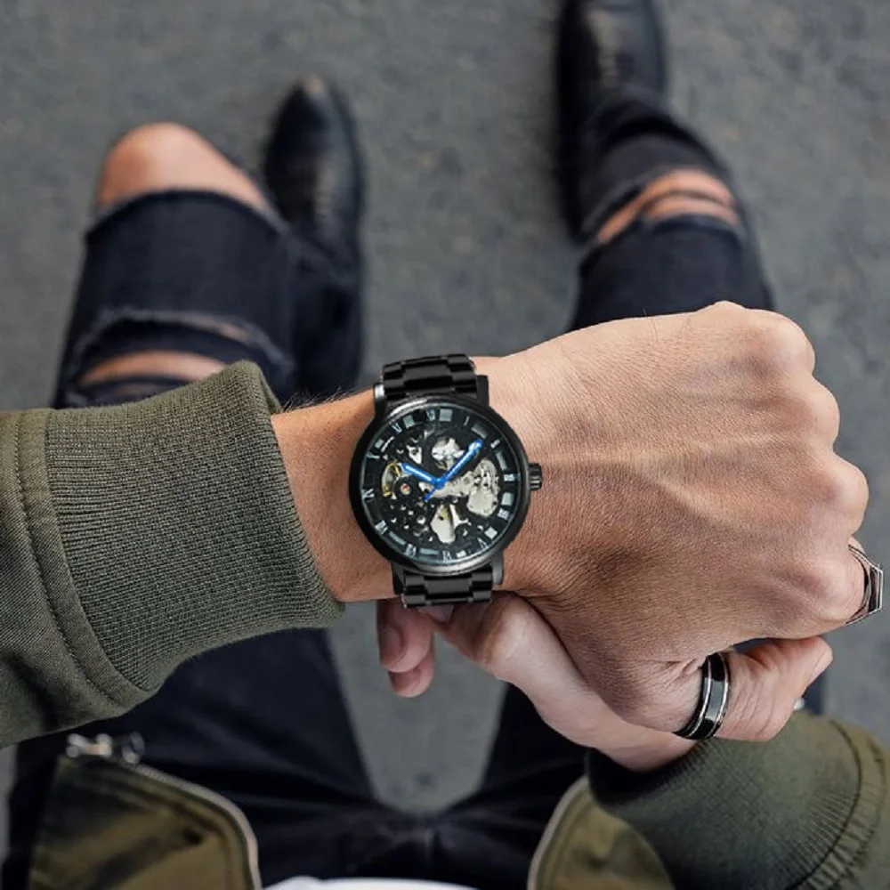 WINNER Ретро Бизнес автоматические механические часы для мужчин черный ремешок из