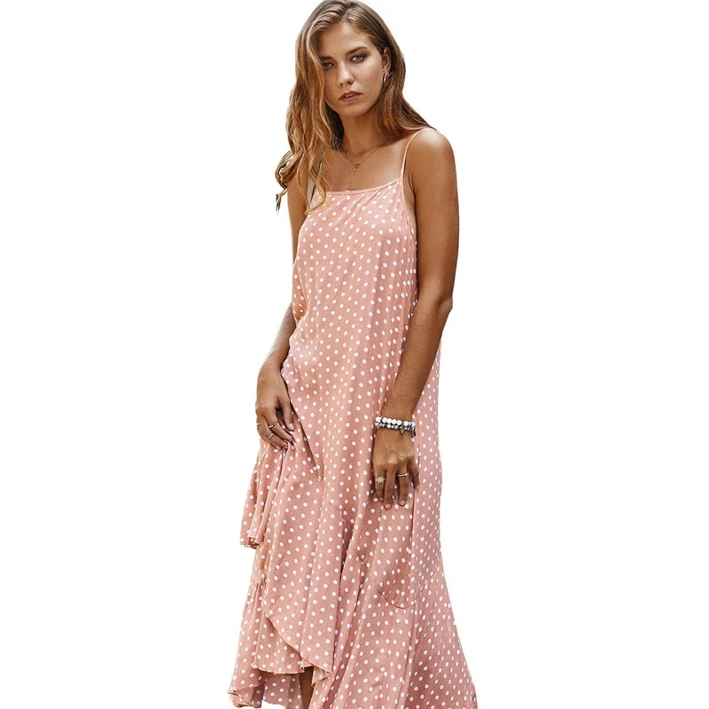 

Original 2021 Spring Suspender Polka Dot Dress Bohemian Ruffled Holiday Style Dresses for Women Women Boho Long Maxi Dress