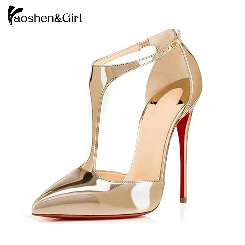 Haoshen и для девочек Женская обувь с острым носком Т образным ремешком на шпильке