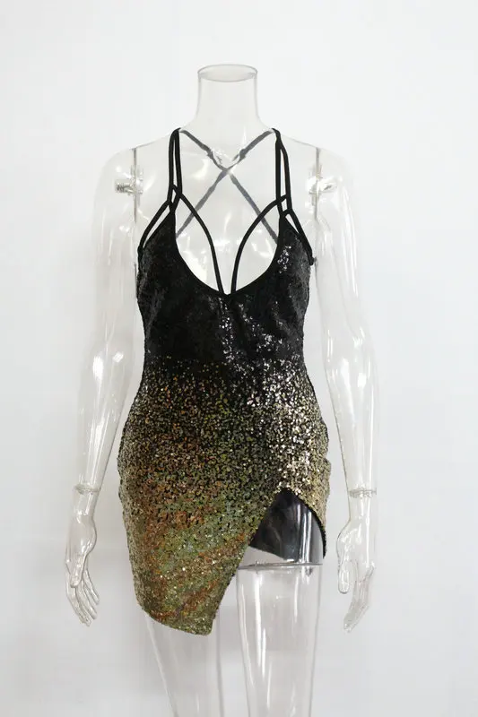 

WEPBEL Women Mini Dress Sexy Sequin Backless Nightclub Dress Sleeveless V Neck High Waist