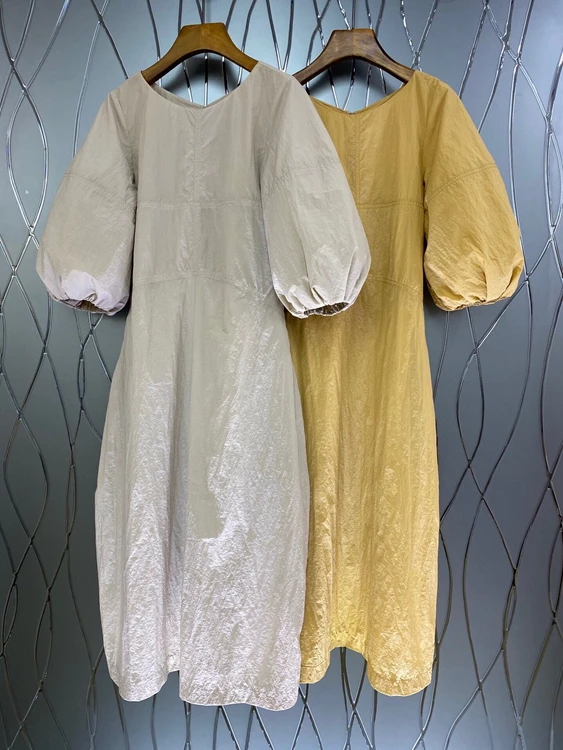 

2021 new women fashion round neck solid color decoration bubble lantern sleeve slim skirt dress 429