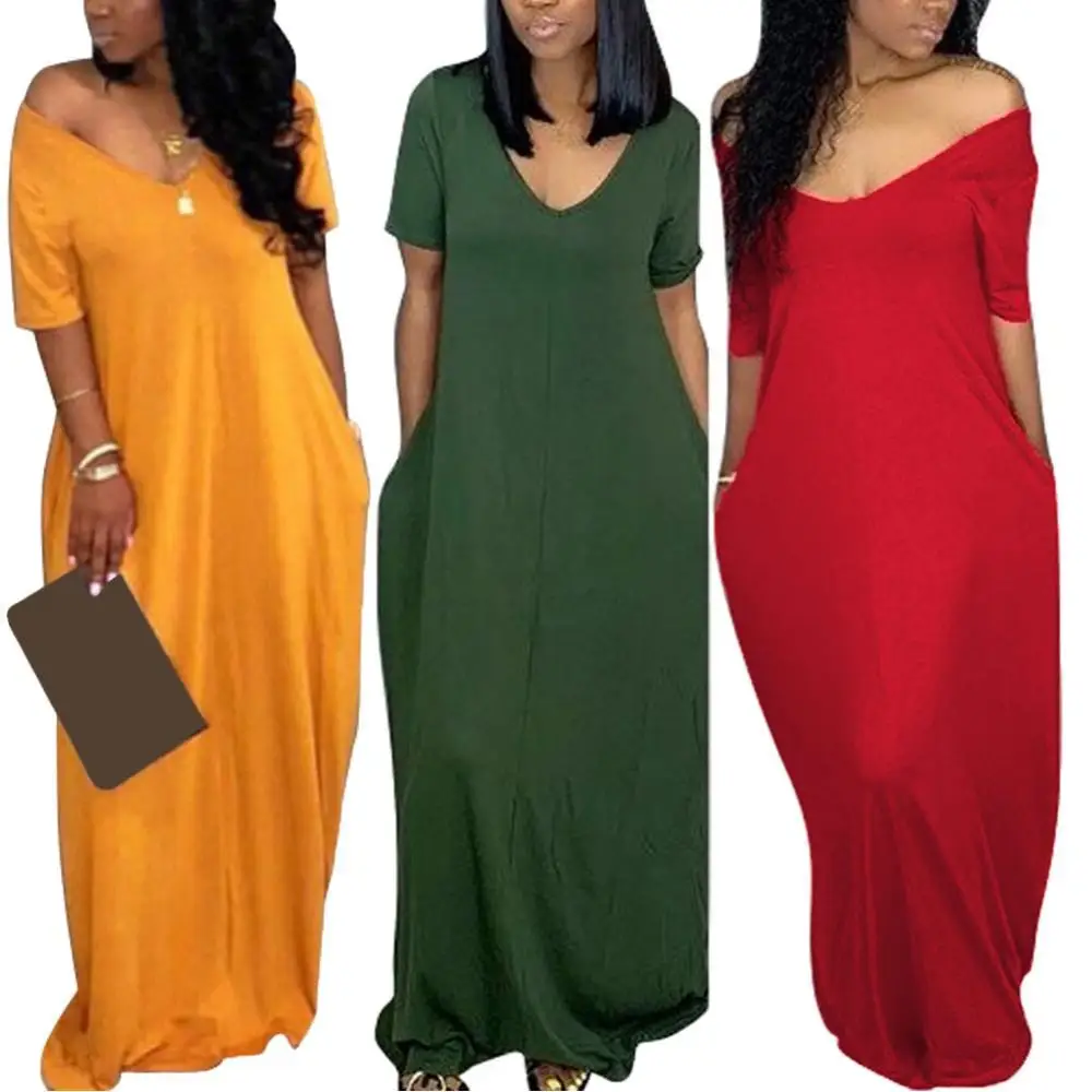 

Hot Sales Casual Women Summer Oversize Solid Color Off Shoulder Short Sleeve Maxi Dress