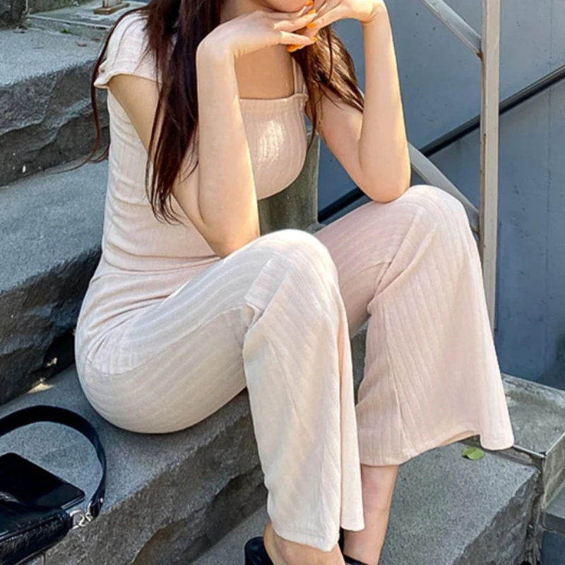 

new arrival fashion korean style casual cotton sets for women summer temperament OL simple solid pants and tops two piece set