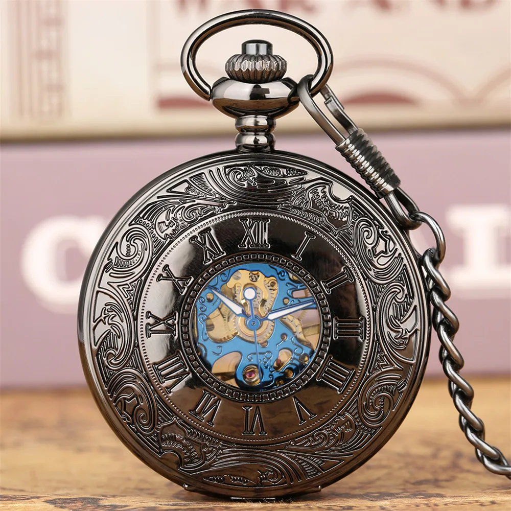 

Black/Bronze Hand Winding Mechanical Pocket Watch Half Hunter Transparent Skeleton Manual Pendant Pocket Clock Retro Gifts Male