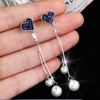 sparkling rhinestone pearl pendant heart drop earrings for woman blue long tassel earrings fashion ear rings for women luxury