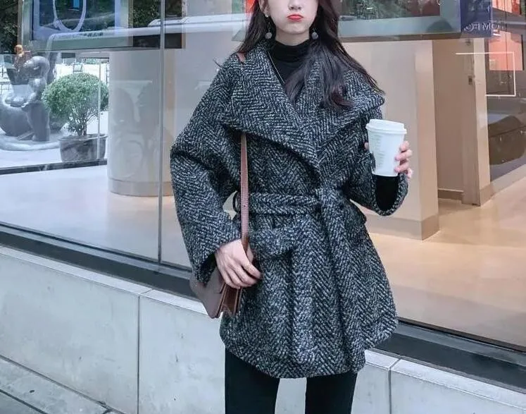 

Fashion Wool Coat Women Long Sleeve Collar Outwear Jacket belt wool Casual Autumn Winter Elegant Overcoat plus size uii88A