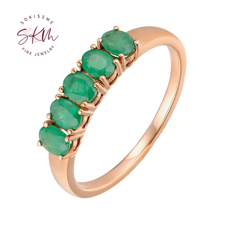 

SKM flower Emerald Rings For Women Genuine 14K 585 Rose Gold Ring Magic Emerald Engagement Anniversary Round Rings