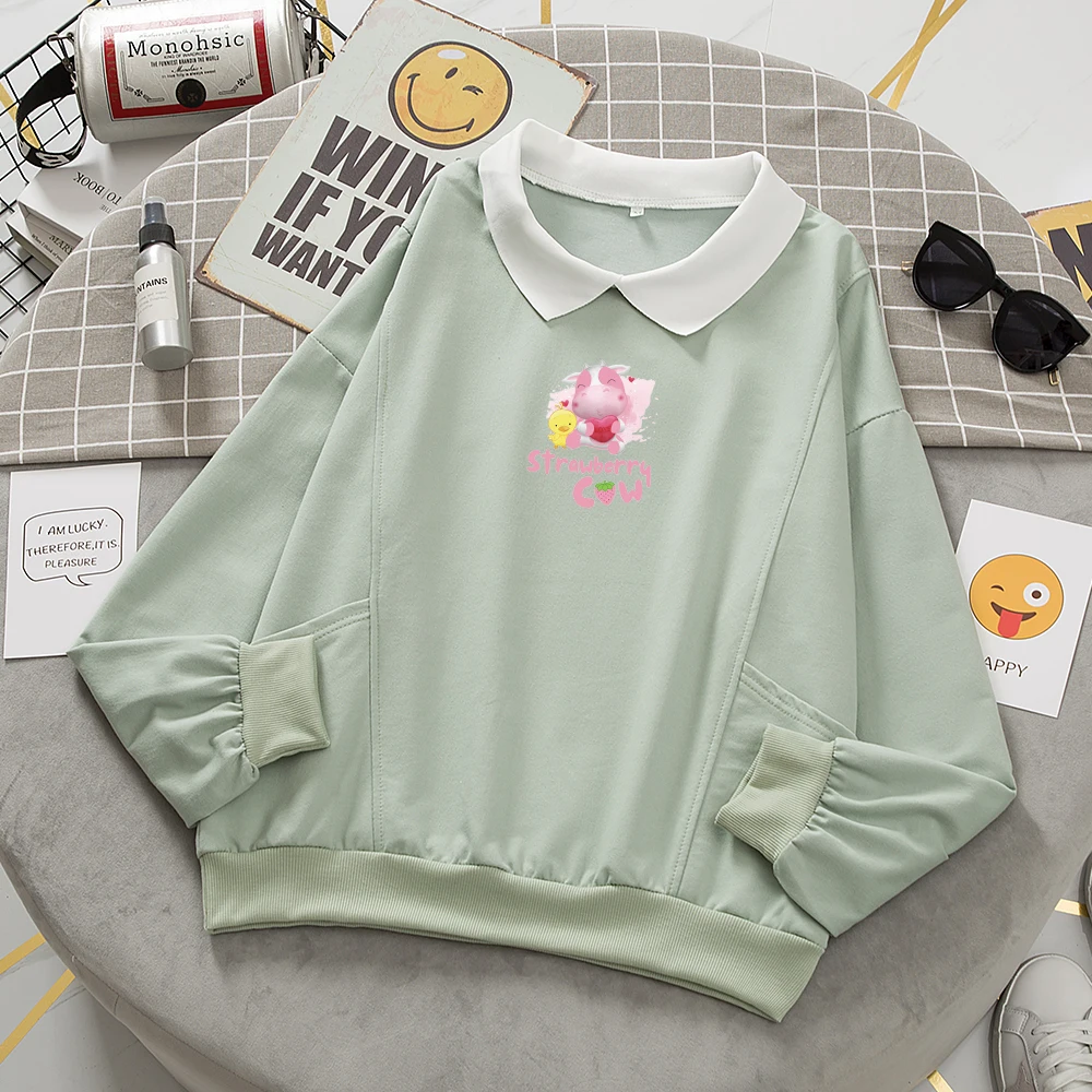 Cute Hoodies Kawaii Strawberry Cow Print Hoodie Harajuku Turn-down Collar Hoodie Cotton Polo Shirt Women Sweetshirts Long Sleeve