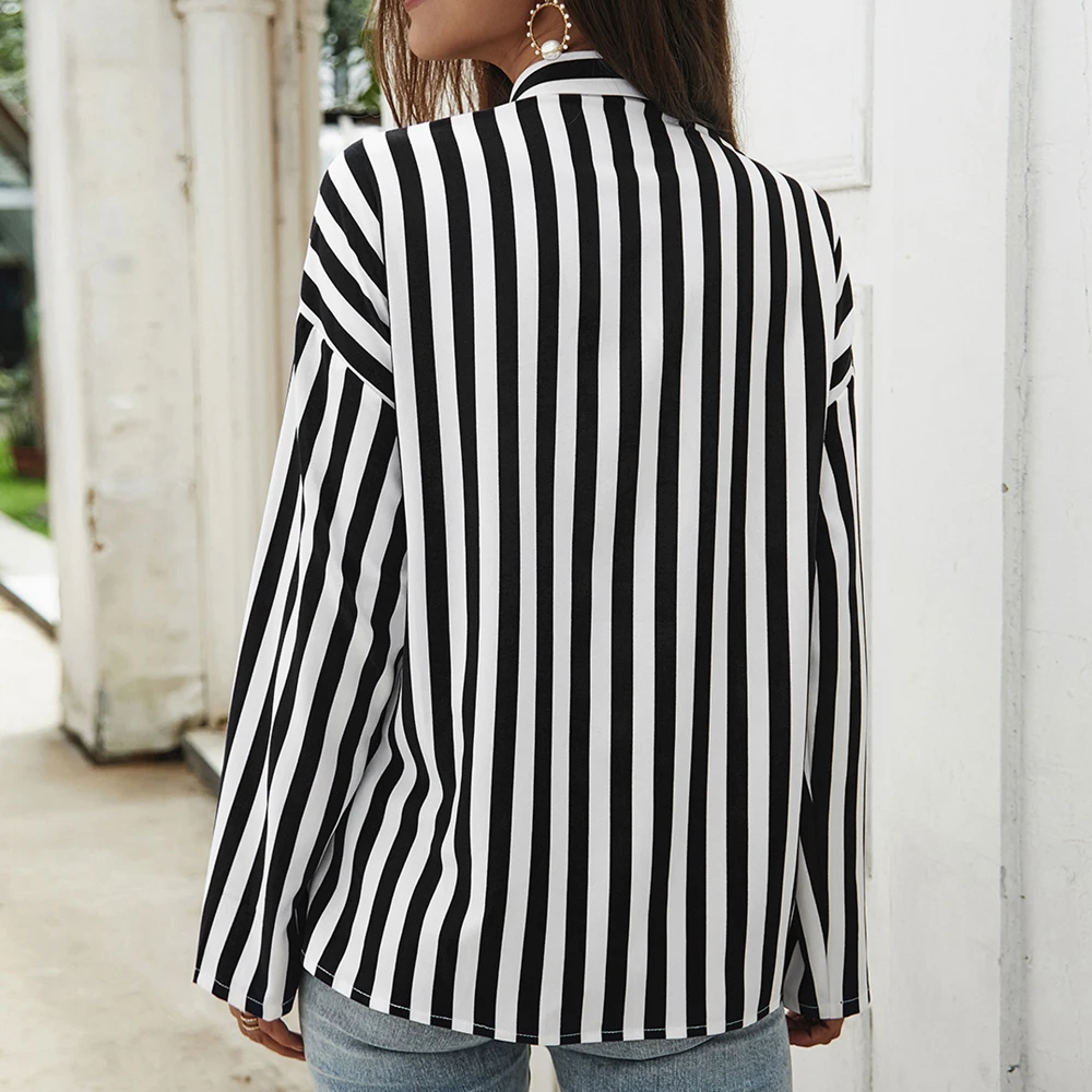 

Women Casual V Neck Striped Button Down Long Sleeve Chiffon Shirt Loose Casual Size S-XL Simple Shirt Fashion 2019