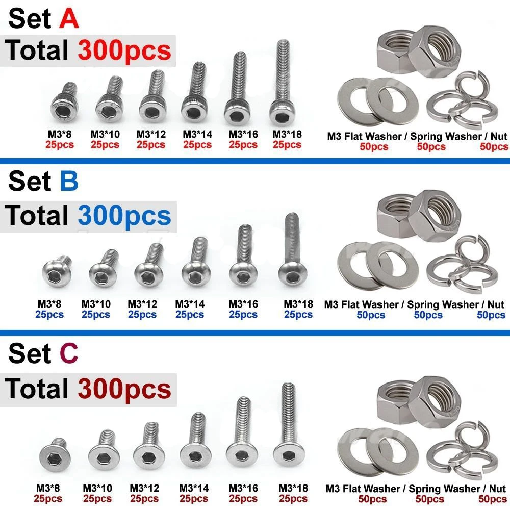 

High quality 300pcs M3(3mm) A2 SS Allen Bolts With Hex Nuts Screws Washer Kit
