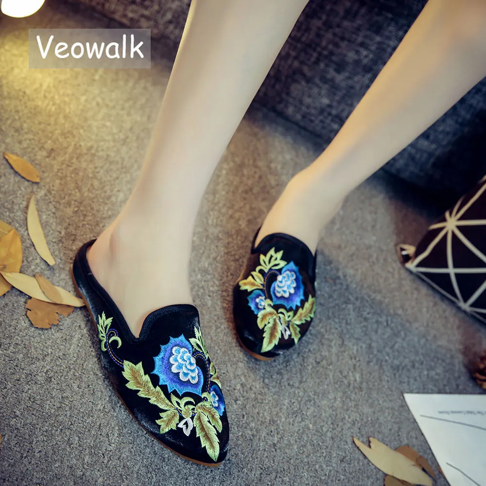 Мюли Veowalk женские с цветочной вышивкой фланелевые хлопковые туфли заостренным
