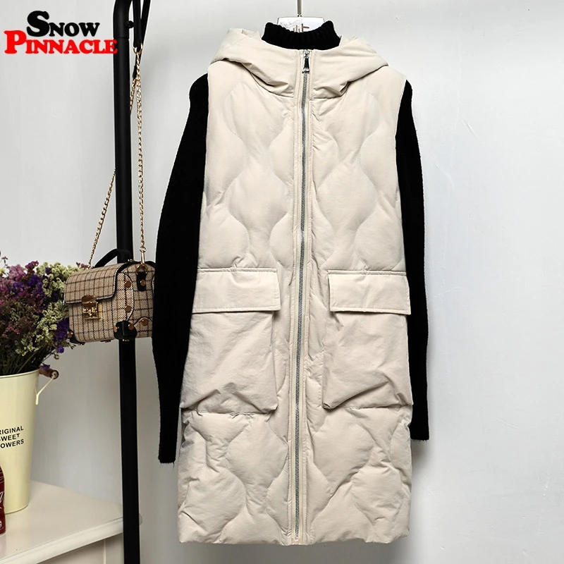 Снежная вершина зимний длинный жилет женский Повседневный большой карман длинный жилет на молнии жилет без рукавов с капюшоном парка куртка