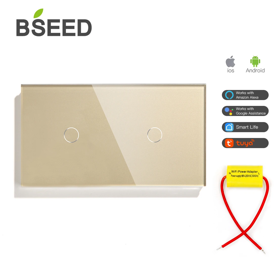 BSEED EU Standard Single Live Line Wifi Switch White Black Gloden Crystal Glass Panel For Smart Home Work With Tuya Russia | Обустройство
