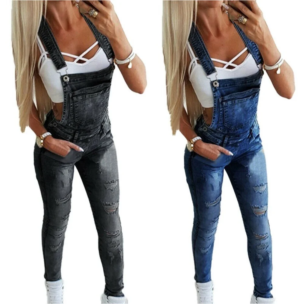 

Women Denim Dungarees Slim Fit Ripped Frayed Distressed Jeans Jumpsuit Overalls