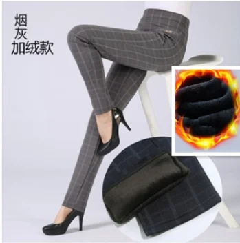 gray Add wool Осень-зима, женские брюки в клетку, теплые, плюс размер, вельветовые, тонкие, высокая талия, тянущиеся, узкие брюки, женские брюки, harajuku - Цвет: gray Add wool