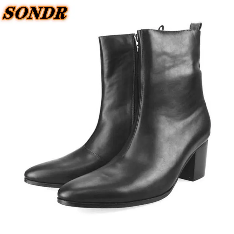 Fashion Men Ankle Boots Soft Leather Men Pointed Toe Men High Heels Waterproof Zipper Shoes Suede Comfortable Chelsea Boots Men
