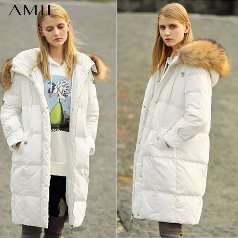 AMII минимализм женский зимний толстый длинный пуховик с капюшоном из меха