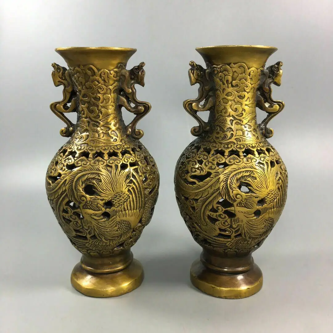 

Китайская старинная Медь Чистая медь двойной дракон феникс полые ваза пара