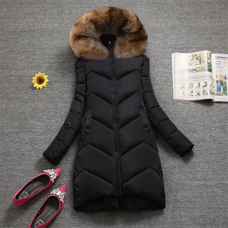 black Модная зимняя женская куртка, большие размеры 7XL, большой меховой капюшон, толстый пуховик, Женская куртка на меху, пальто, тонкая теплая зимняя верхняя одежда, новинка - Цвет: black