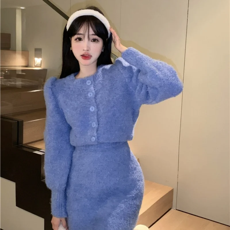Nomikuma Women Two Pieces Outfits Long Sleeve Sweater Cardigan Coat + High Waist A-line Mini Skirt Korean Fashion 2022 New Sets |
