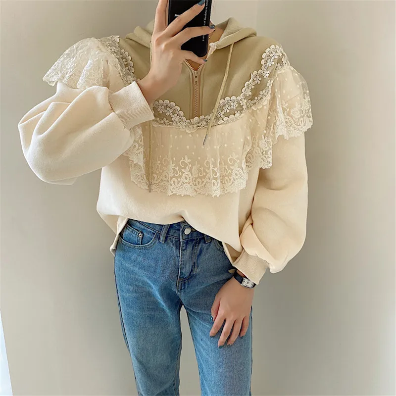 

2020 New Temperament Fashion Design All-Match Lace Stitching Hooded Zipper Loose Casual Plus Velvet Tops