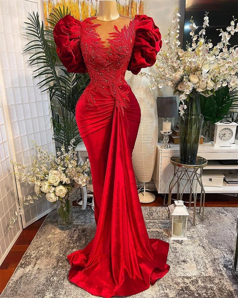 

Trumpet / Mermaid Scoop Floor-Length Satin Red Celebrity Dresses With Puff Sleeve Beading