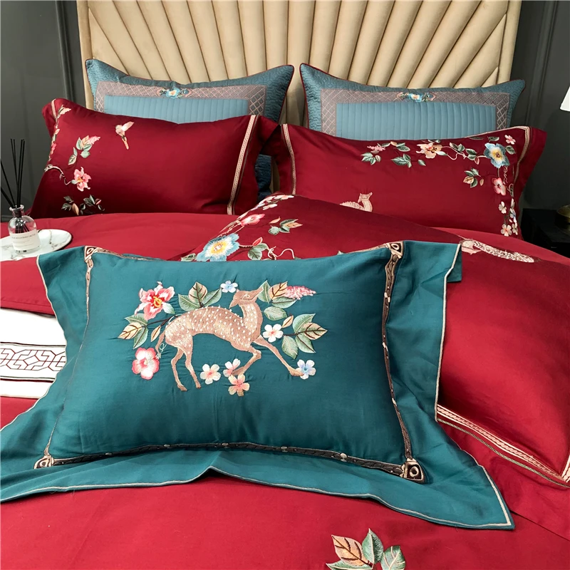 

Luxury Red Flower Embroidery 100S Egyptian Cotton Wedding Bedding Set Queen King Duvet Cover Bed Sheet Pillowcases Home Textiles