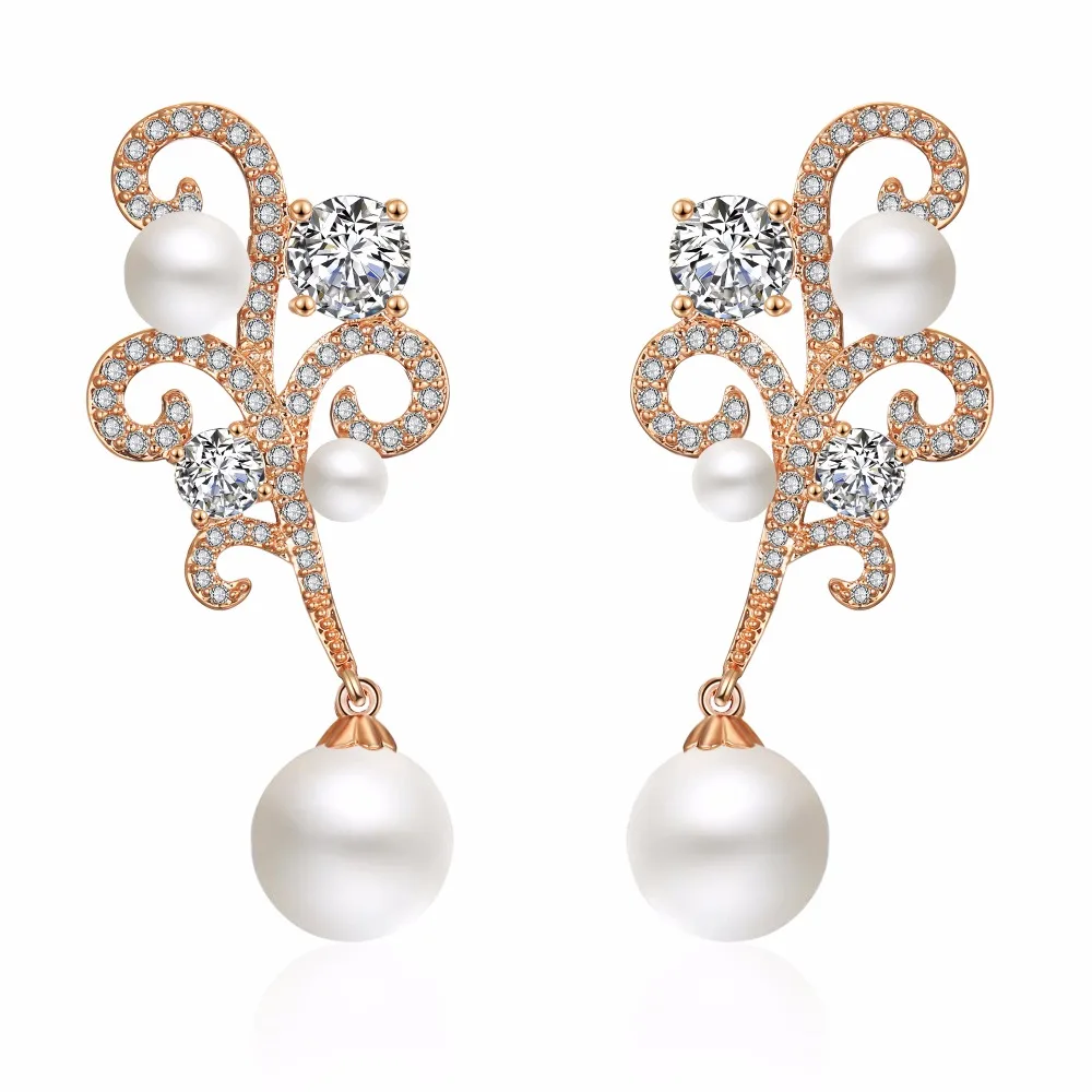 FEEHOW Великолепные блестящие висячие серьги с искусственным жемчугом и цветком