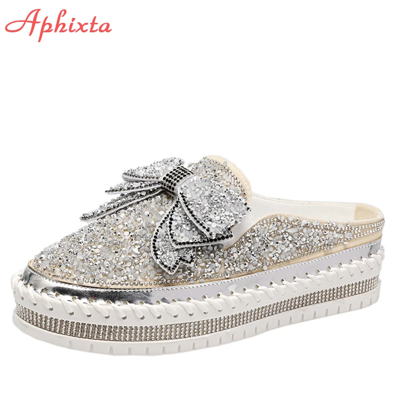

Aphixta Luxury Bling Crystals Slippers Women Slip Shoes On Flat Heel Big Size 43 Antiskid Breathable Mulers Casual Half Slides