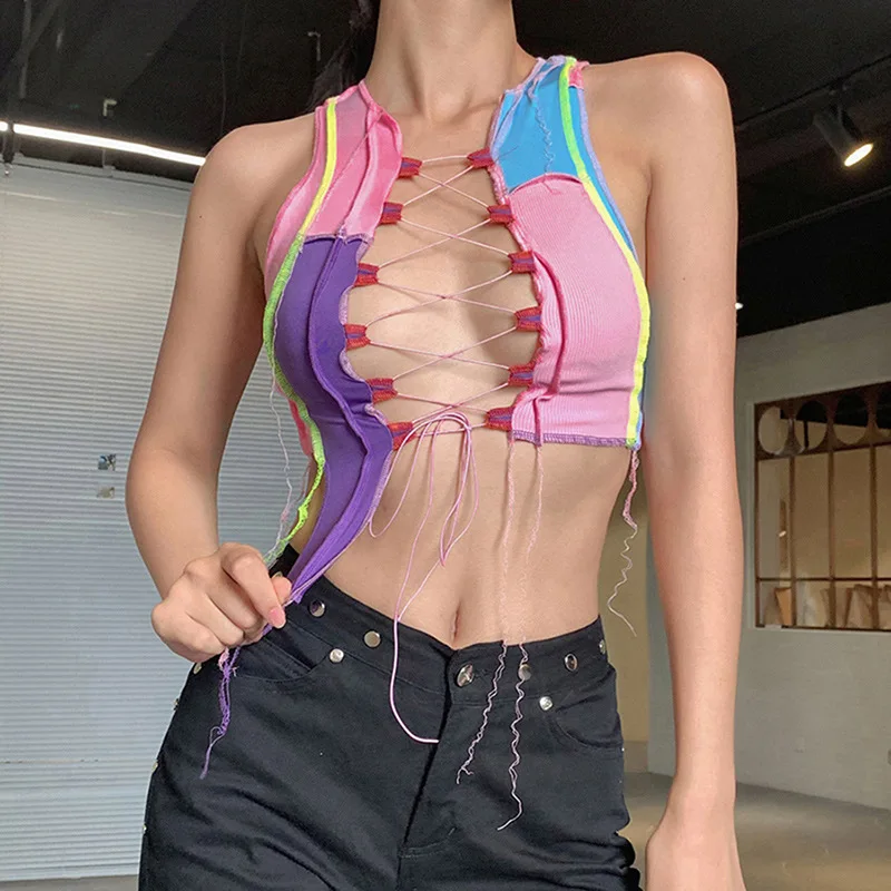 

Sexy Hollow Out Camisole Women Punk Style Ribbed Knitting Crop Tops Club Party Wear Colorful Tank Top Bandage Vest Female