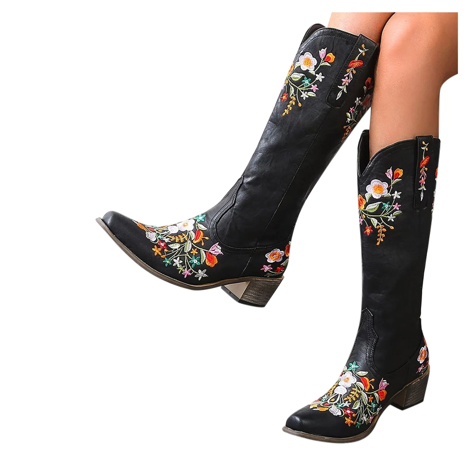 

Women Boots Slouchy Knee High Boots Embroidery Pointy Toe Side Zipper Mid Chunky Heel Boots Autumn Winter Fashion Shoes Oversize