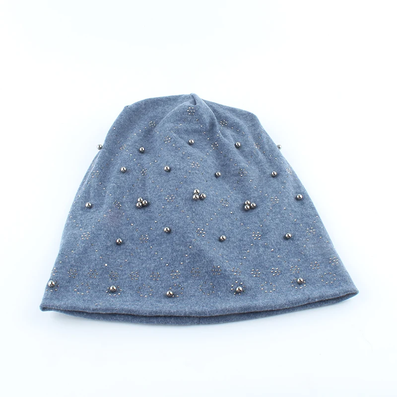 Модная однотонная женская шапка Skullies Beanies с жемчугом и стразами, зимняя женская шапка, осенняя вязаная шапка из мягкого хлопка