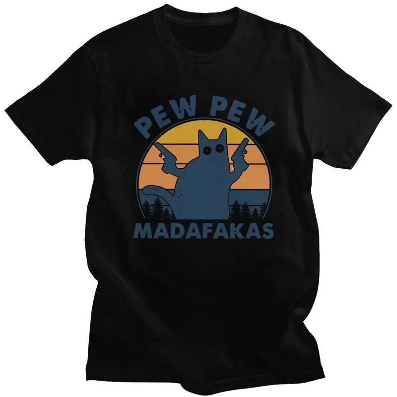

Винтажные мужские футболки с принтом Pew Madafakas, модная забавная черная футболка с принтом кота, 100% хлопковые футболки, одежда