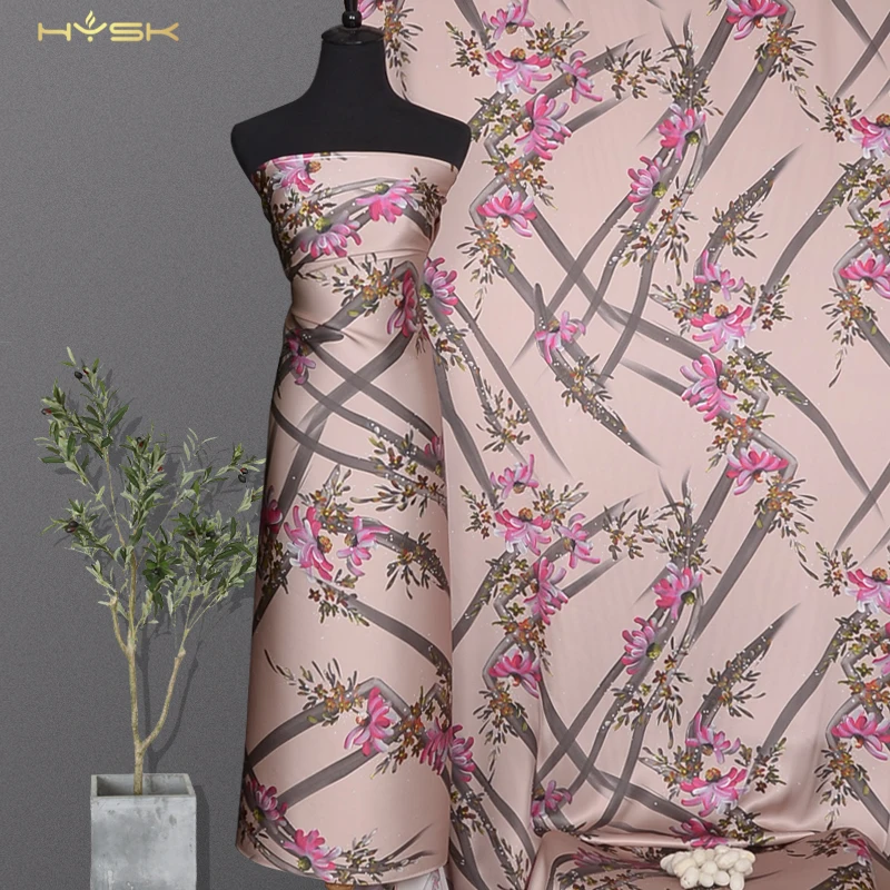 

HYSK natural silk crepe satin charmeuse fabric abstract print meadow unique pattern DIY sewing silk material price meter E2503