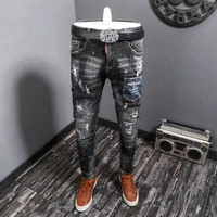 american streetwear fashion men jeans retro black gray elastic slim fit painted designer pants patch pockets hip hop trousers