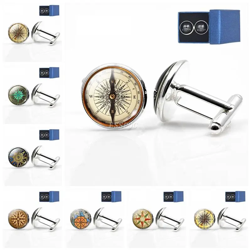 Креативные запонки с компасом и кабошоном для фото мужские модные аксессуары