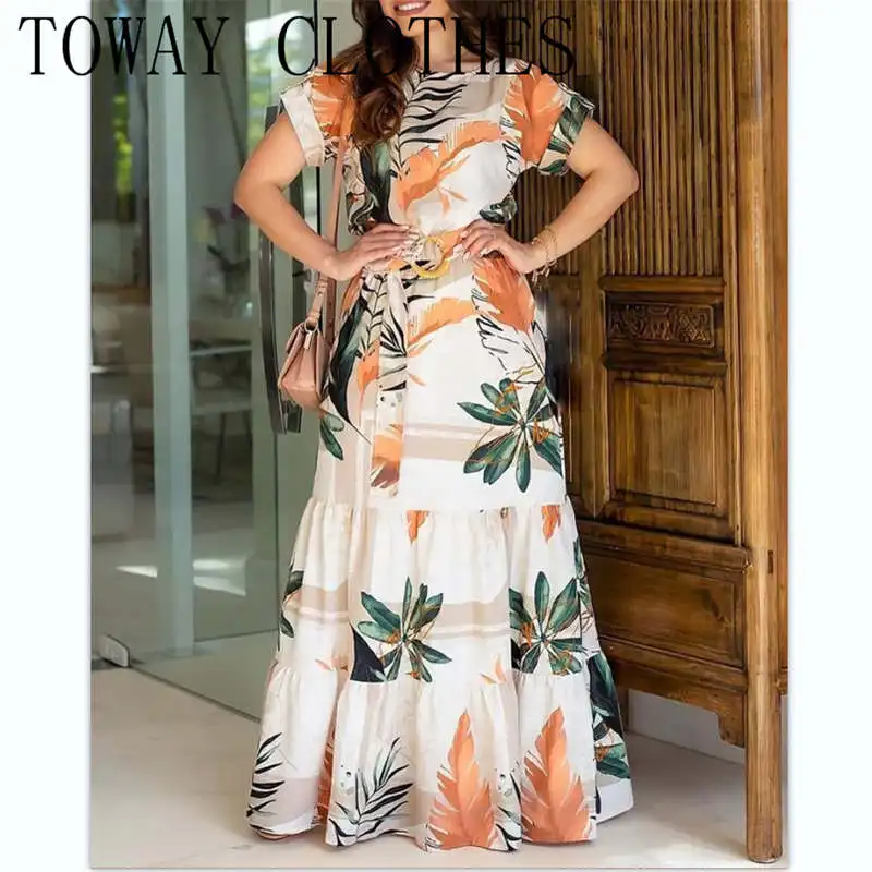 Женское платье-макси с коротким рукавом, ТРАПЕЦИЕВИДНОЕ ПЛАТЬЕ с тропическим принтом и круглым вырезом, лето 2022