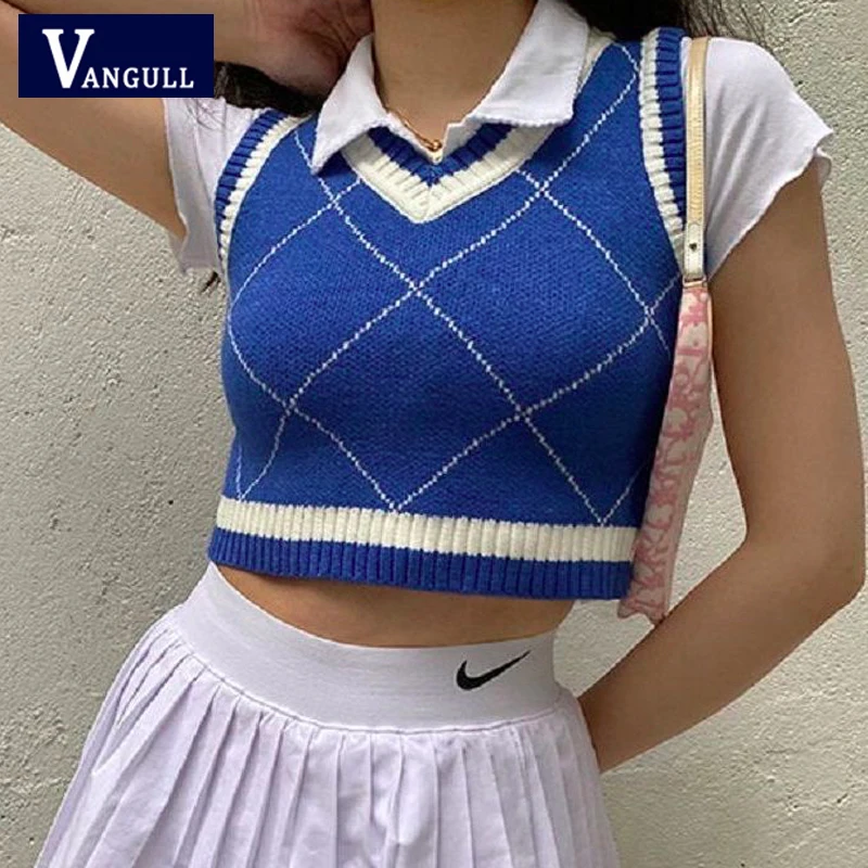 

Vangull Blue Argyle Plaid Sweater Vest Women Spring Autumn New V-Neck Slim Short Sleeveless Preppy Pullovers Knitted Tank Tops