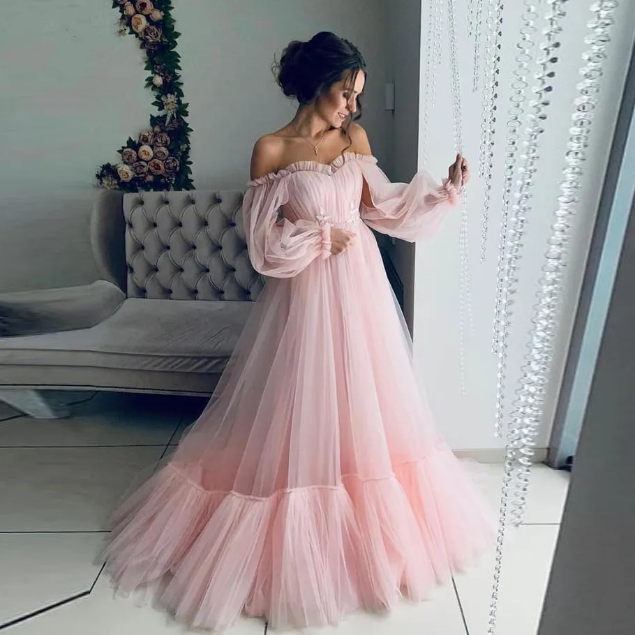 

Pretty 2020 Blush A-line Long Pink Tulle Prom Dresses Full Sleeves Off The Shoulder Ruffles Prom Gowns Party Dress