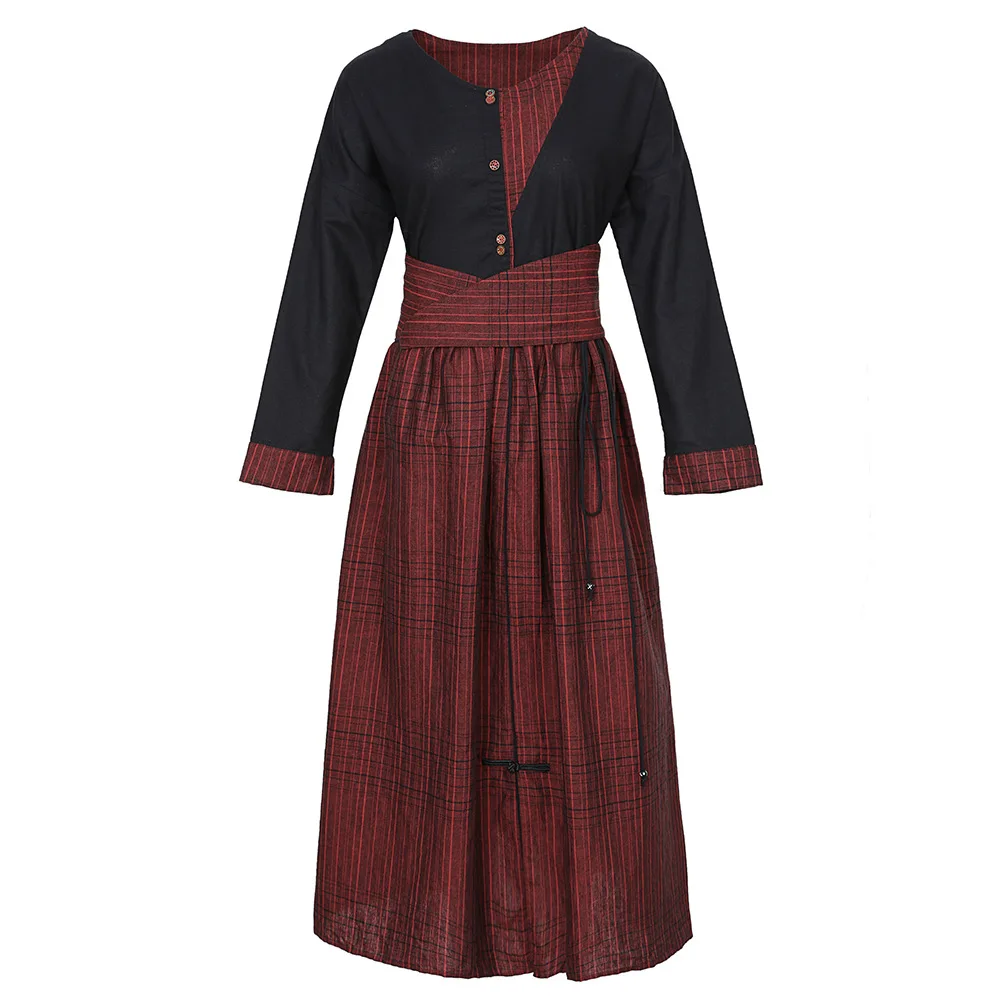 

2021 early spring new long sleeve cotton linen dress autumn waist check stitching asymmetric linen swing skirt