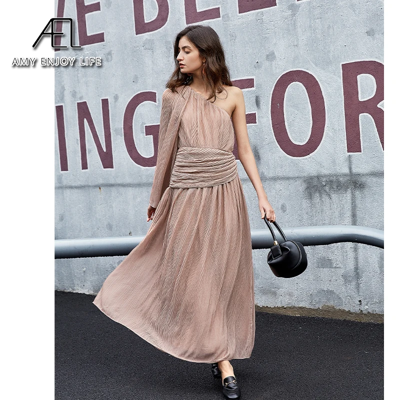 Женское шифоновое платье на одно плечо темно-розовое Плиссированное длинное без